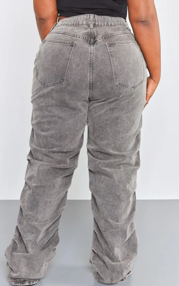 Plus Washed Grey Ruched Straight Leg Denim Jeans