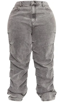Plus Washed Grey Ruched Straight Leg Denim Jeans