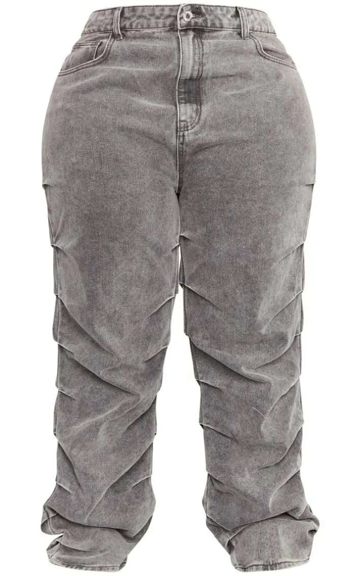 Plus Washed Grey Ruched Straight Leg Denim Jeans