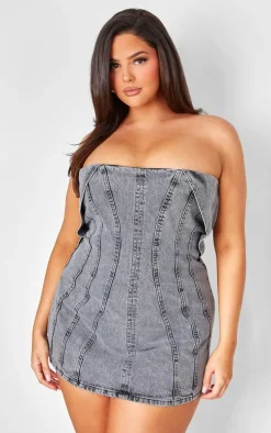 Plus Washed Grey Seam Fold Over Bust Detail Denim Dress