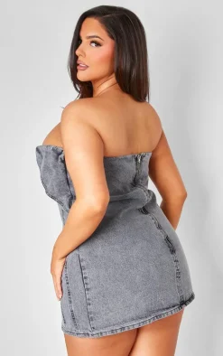 Plus Washed Grey Seam Fold Over Bust Detail Denim Dress