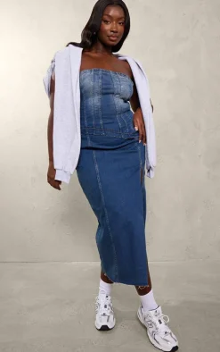 Plus Washed Indigo Corset Panel Split Detail Midaxi Denim Dress