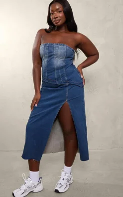 Plus Washed Indigo Corset Panel Split Detail Midaxi Denim Dress