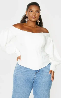 Plus White Bardot Balloon Sleeve Corset Top