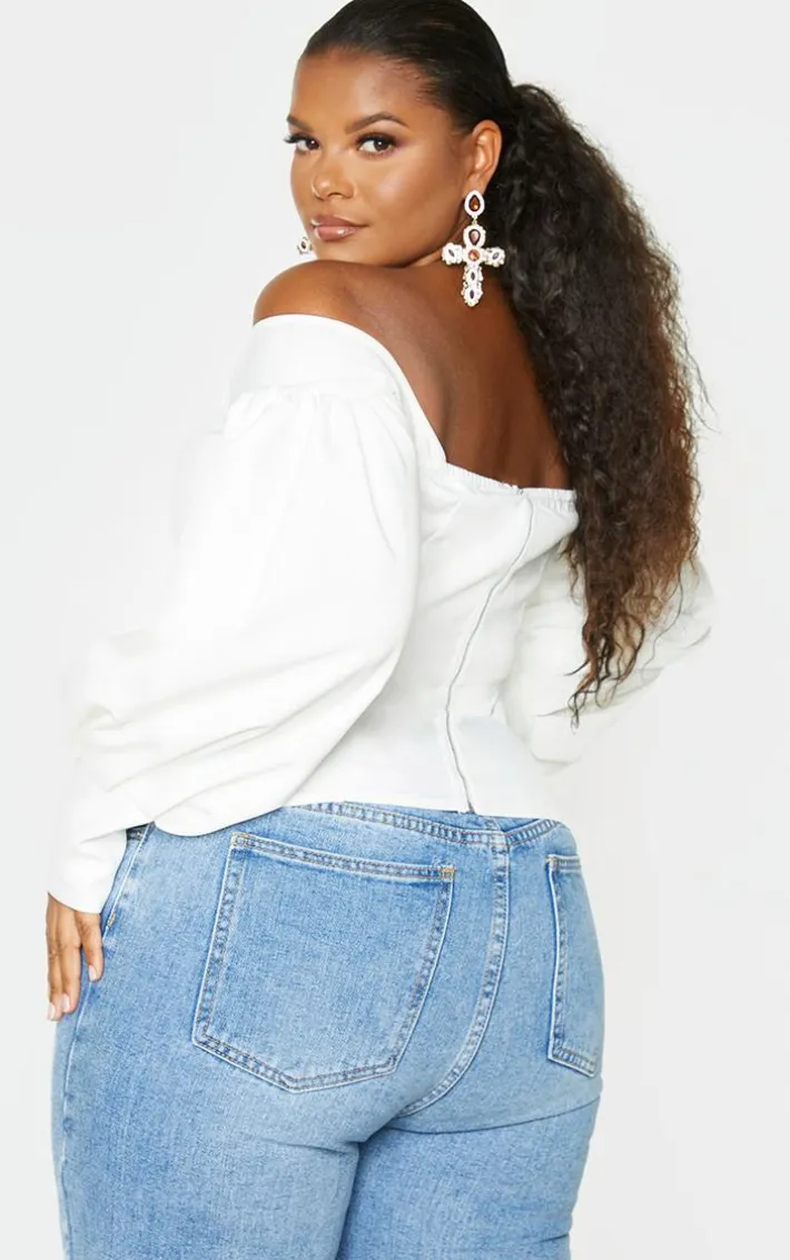 Plus White Bardot Balloon Sleeve Corset Top