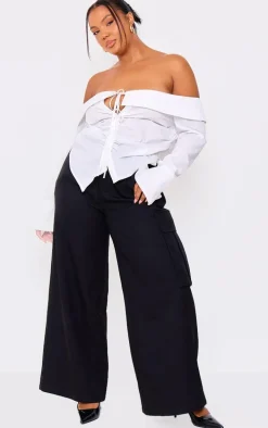 Plus White Bardot Fitted Shirt Style Top