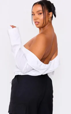 Plus White Bardot Fitted Shirt Style Top