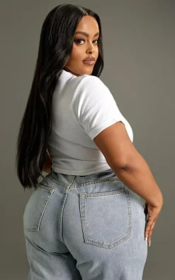 Plus White Basic Rib Short Sleeve Crop Top