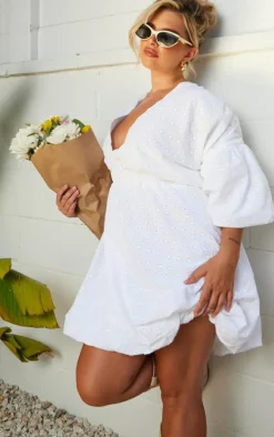 Plus White Broderie Puff Sleeve Puffball Hem Shift Dress