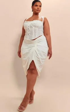 Plus White Broiderie Split Led Midi Skirt