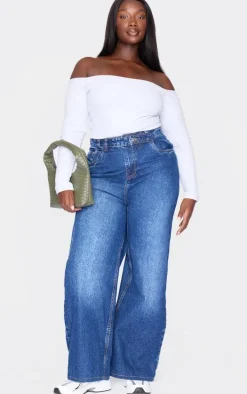 Plus White Brushed Rib Bardot Long Sleeve Bodysuit