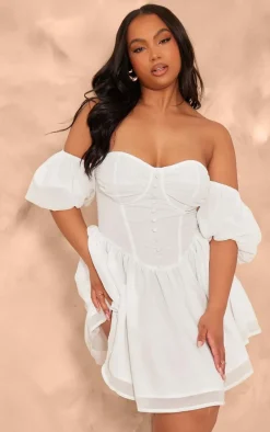 Plus White Button Front Bardot Sleeve Mini Dress