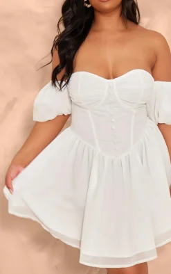 Plus White Button Front Bardot Sleeve Mini Dress