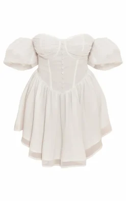 Plus White Button Front Bardot Sleeve Mini Dress