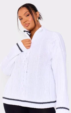 Plus White Chunky Knit Zip Detail Sweater