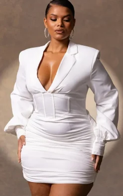Plus White Constructed Corset Waist Blazer Dress