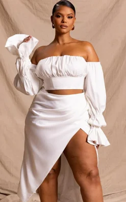 Plus White Constructed Satin Ruched Balloon Sleeve Crop Top