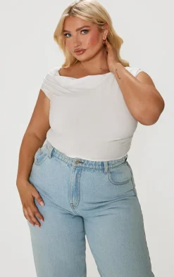 Plus White Contour Jersey Asymmetric Neckline Top