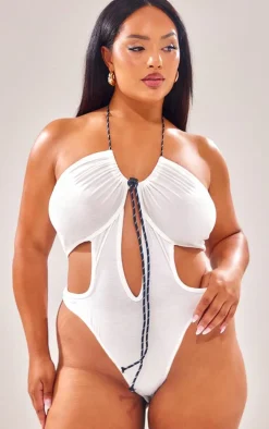 Plus White Cross Front Halterneck Cut Out Bodysuit