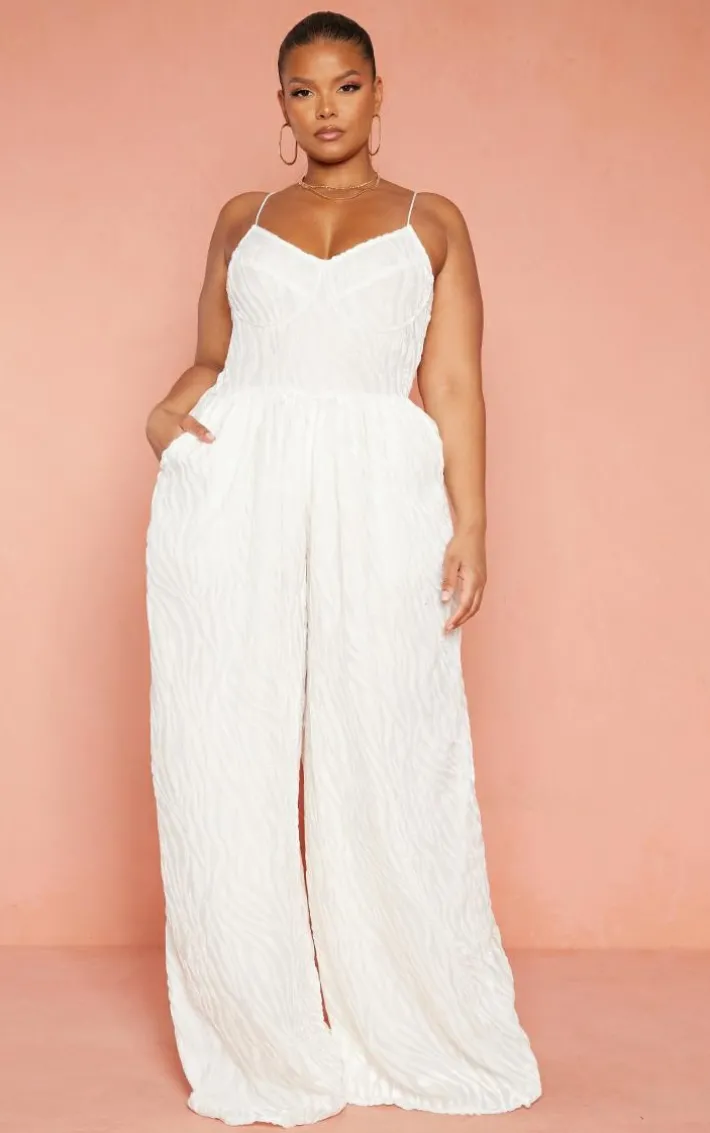 Plus White Devore Cup Detail Wide Leg Jumpsuit