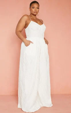 Plus White Devore Cup Detail Wide Leg Jumpsuit