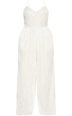 Plus White Devore Cup Detail Wide Leg Jumpsuit