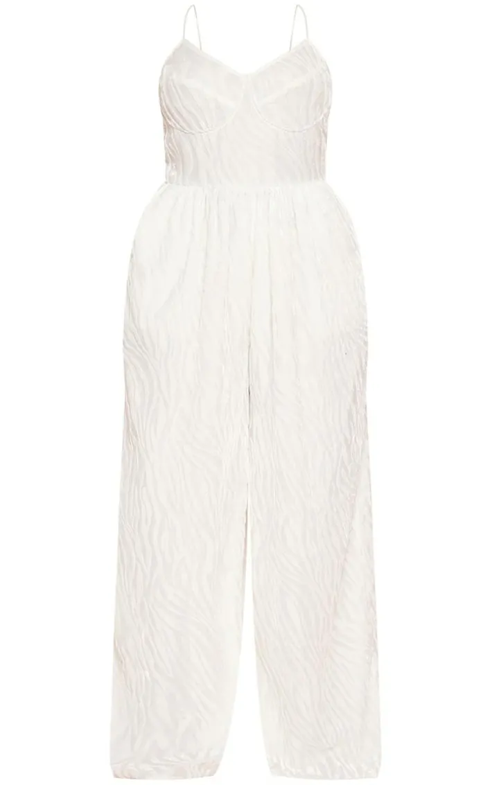 Plus White Devore Cup Detail Wide Leg Jumpsuit