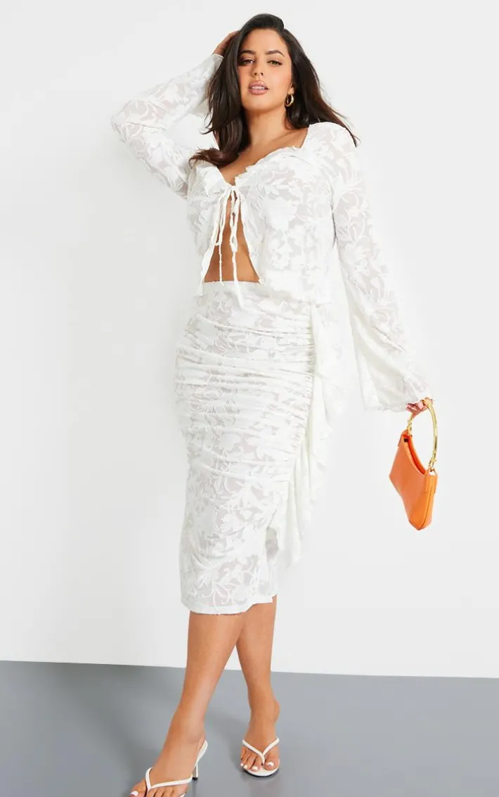 Plus White Devore Drape Ruched Midi Skirt