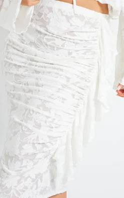 Plus White Devore Drape Ruched Midi Skirt