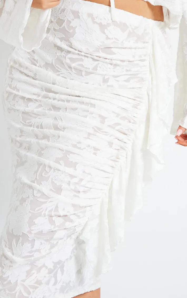 Plus White Devore Drape Ruched Midi Skirt