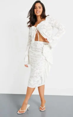 Plus White Devore Frilled Tie Crop Top