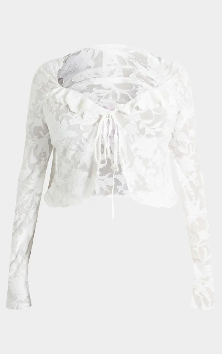 Plus White Devore Frilled Tie Crop Top