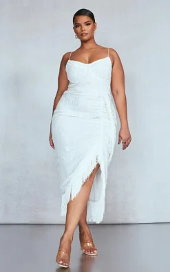Plus White Devore Tassel Detail Underwired Draped Midi Dress