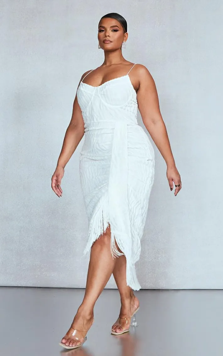 Plus White Devore Tassel Detail Underwired Draped Midi Dress