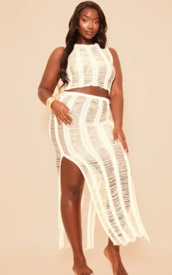 Plus White Distressed Knit Crew Neck Top