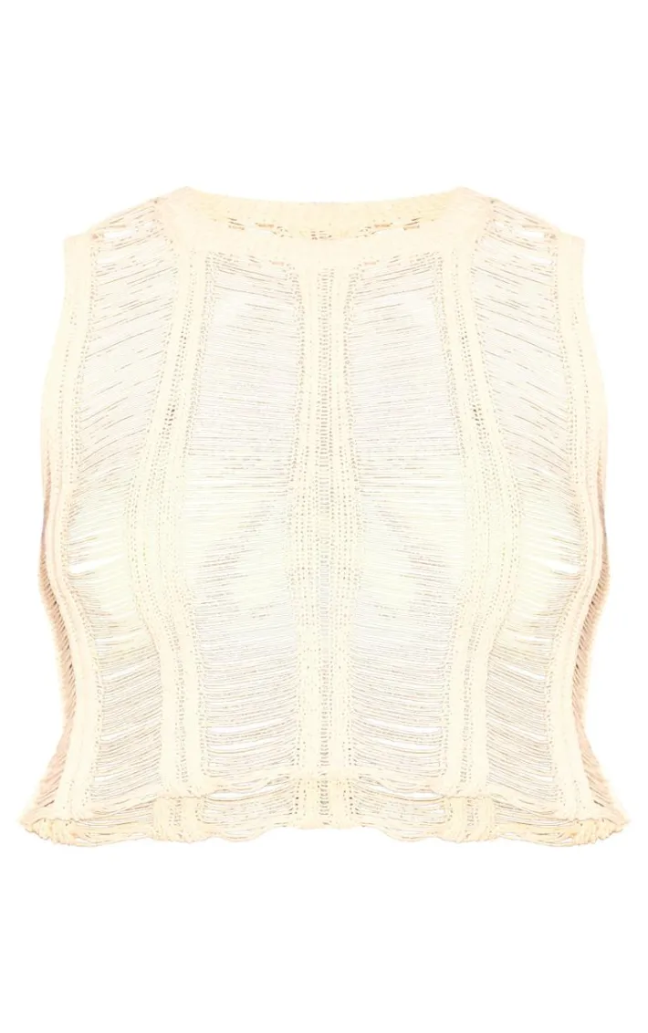 Plus White Distressed Knit Crew Neck Top