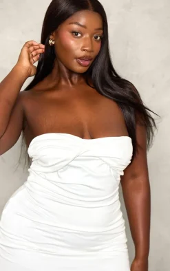 Plus White Double Contour Twist Bandeau Ruched Bodycon Dress