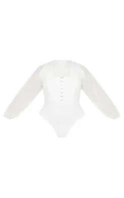 Plus White Eyelet Detail Mesh Sleeve Bodysuit