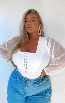Plus White Eyelet Detail Mesh Sleeve Bodysuit