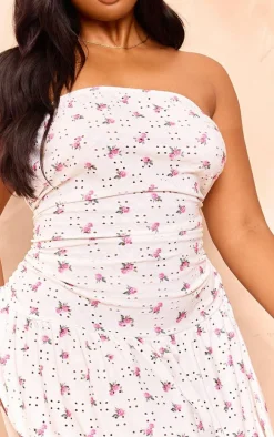 Plus White Floral Printed Broderie Frill Bandeau Bodycon Dress