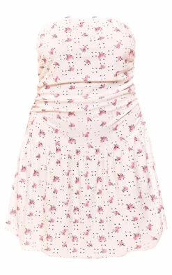 Plus White Floral Printed Broderie Frill Bandeau Bodycon Dress