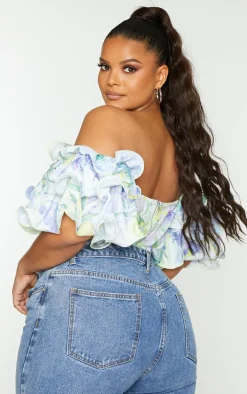 Plus White Floral Ruffle Puff Sleeve Bardot Crop Top