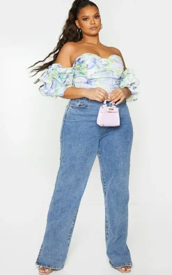 Plus White Floral Ruffle Puff Sleeve Bardot Crop Top