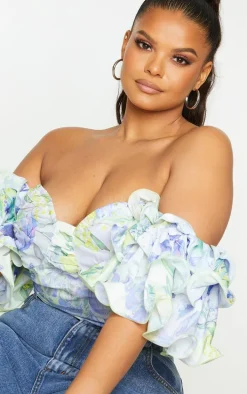 Plus White Floral Ruffle Puff Sleeve Bardot Crop Top