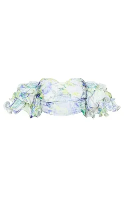 Plus White Floral Ruffle Puff Sleeve Bardot Crop Top
