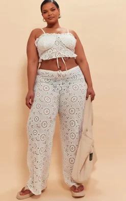 Plus White Flower Detail Wide Leg Pants