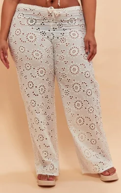 Plus White Flower Detail Wide Leg Pants