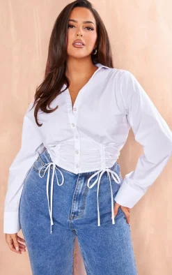 Plus White Gathered Tie Detail Long Sleeve Cropped Shirt