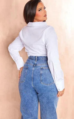 Plus White Gathered Tie Detail Long Sleeve Cropped Shirt