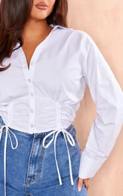 Plus White Gathered Tie Detail Long Sleeve Cropped Shirt